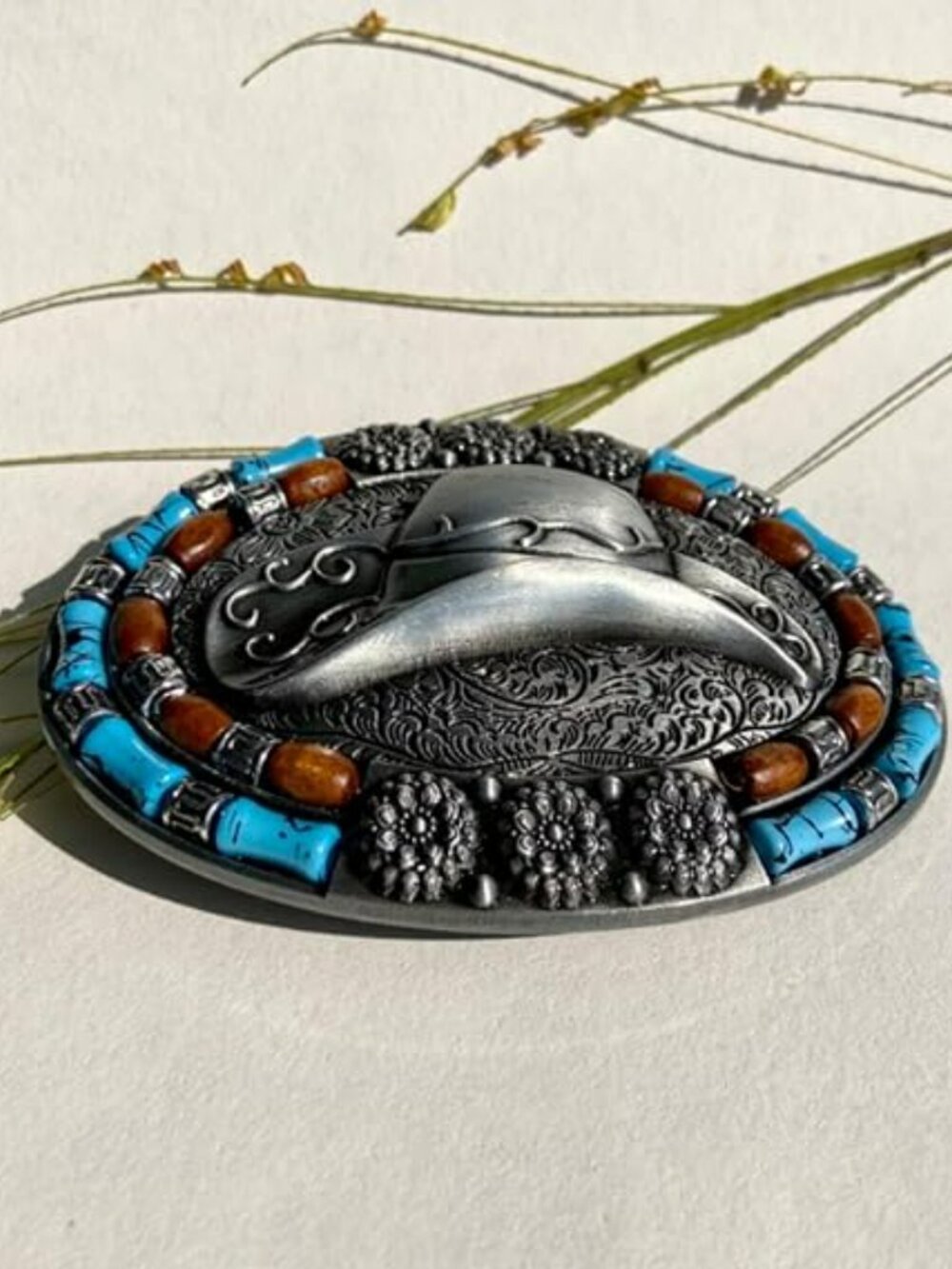 New - American Western Cowboy Cowgirl Hat Turquoise Belt Buckle Boho Silver